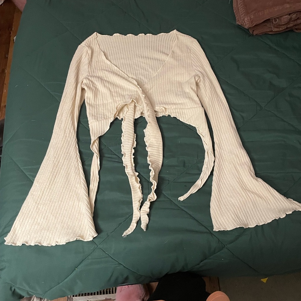 SHEIN Cream Ribbed Tie-Front Crop Top